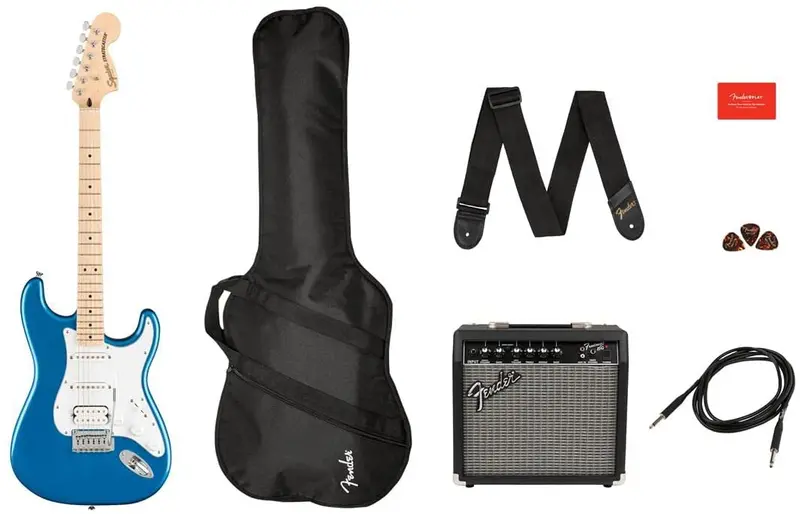 Zestaw Squier by Fender Affinity Stratocaster, HSS, gryf klonowy, kolor Lake Placid Blue, w tym wzmacniacz i akcesoria
