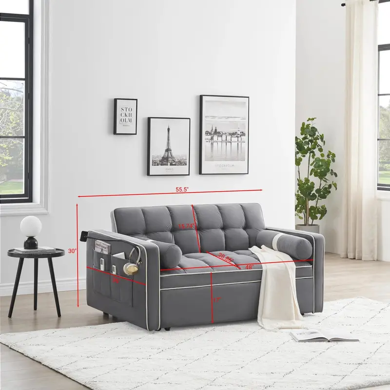 Sofa 3 w 1 z funkcją spania z aksamitu – kompaktowa, rozkładana sofa dwuosobowa z regulowanym oparciem, wysuwanym materacem i schowkami (szara, 141 cm)