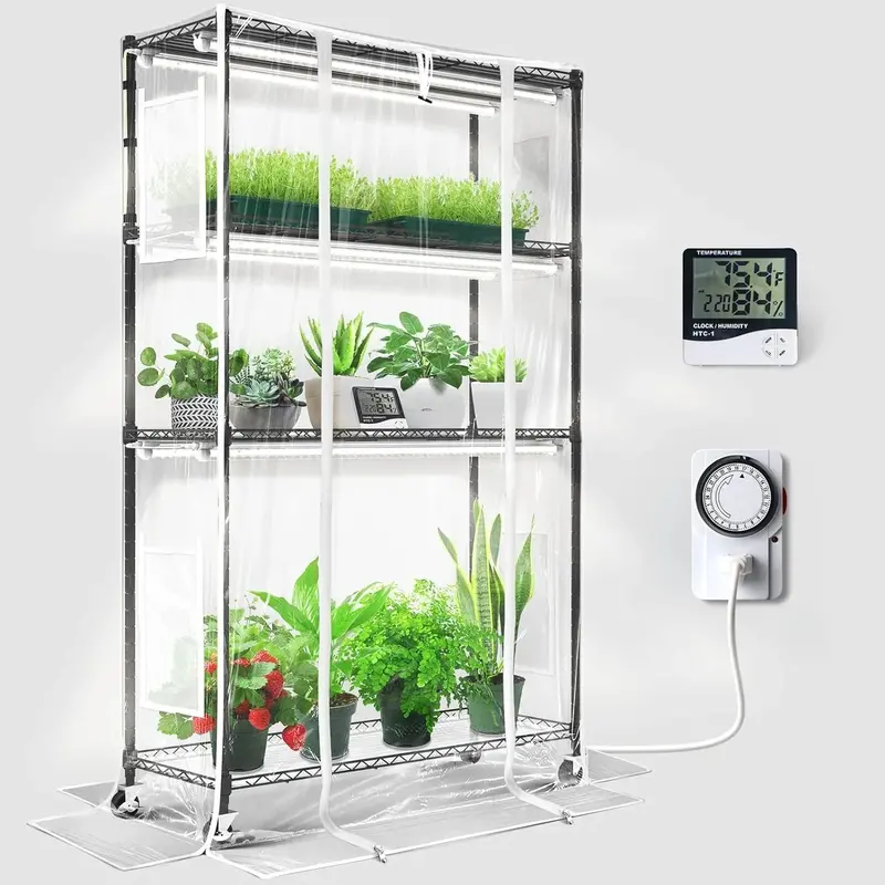 Miniaturowa szklarnia wewnętrzna Barrina 4-piętrowa – przenośny stojak na rośliny z lampami LED, timerem, kółkami i termohigrometrem