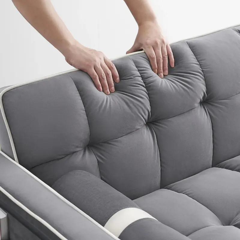 Sofa 3 w 1 z funkcją spania z aksamitu – kompaktowa, rozkładana sofa dwuosobowa z regulowanym oparciem, wysuwanym materacem i schowkami (szara, 141 cm)