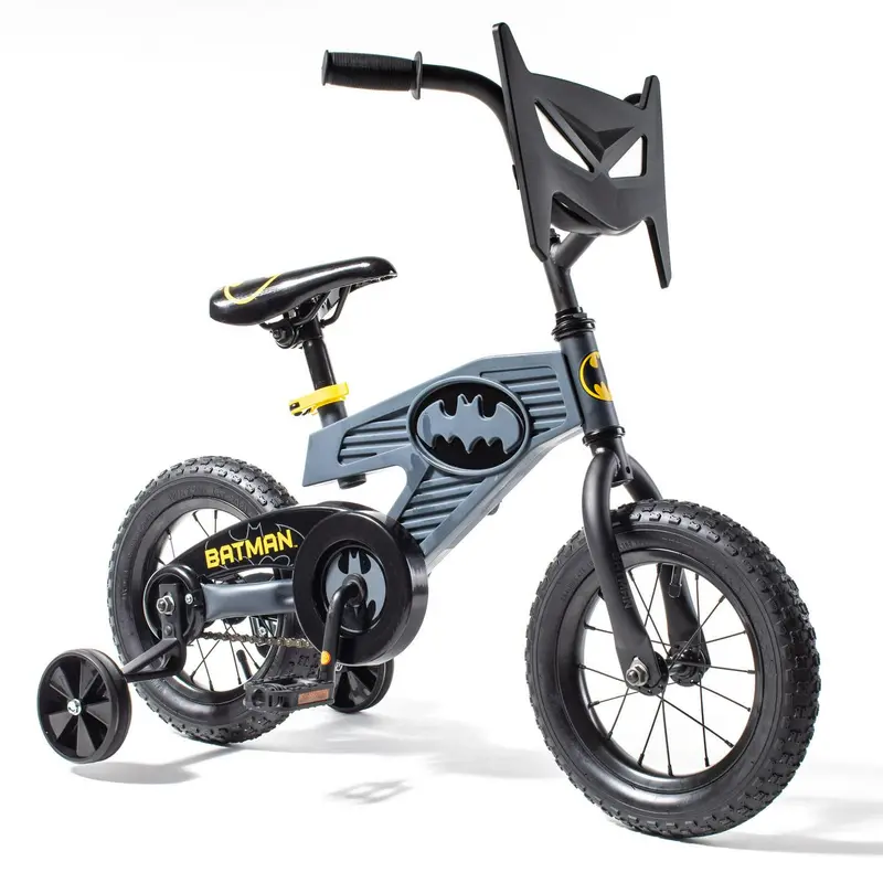 12-calowy rower chłopięcy Batman DC Comics z autentyczną grafiką, tabliczką rejestracyjną na kierownicy, hamulcem nożnym i kółkami bocznymi – szary/żółty/czarny