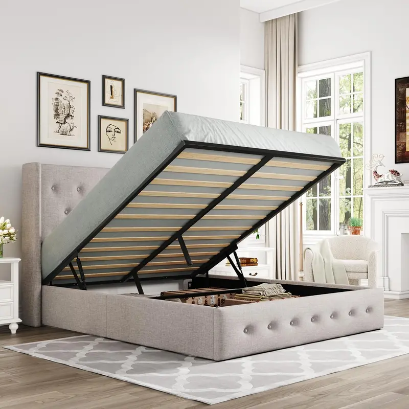 Łóżko Allewie Queen Lift-Up Storage Bed — hydraulicznie regulowany zagłówek z panelami bocznymi i ukrytym schowkiem