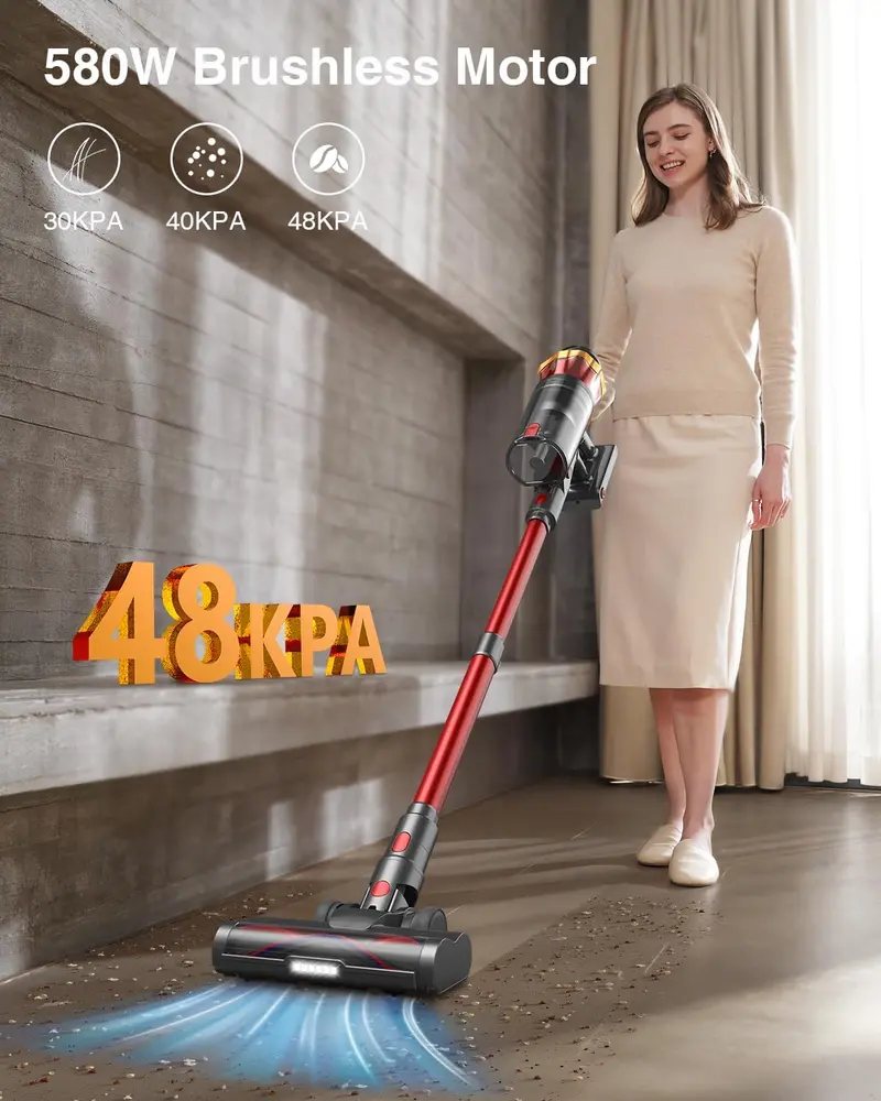 Bezprzewodowy odkurzacz pionowy o mocy ssania 580 W – 48 kPa, czasie pracy do 65 minut, z ekranem dotykowym OLED i szczotką do rozczesywania sierści zwierząt.