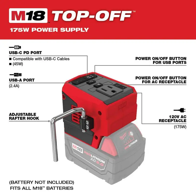 Kompaktowy falownik Milwaukee M18 18 V 175 W z akumulatorem litowo-jonowym do akumulatorów M18 z (2) akumulatorami M18 HIGH OUTPUT 6,0 Ah 2846-20-48-11-1862