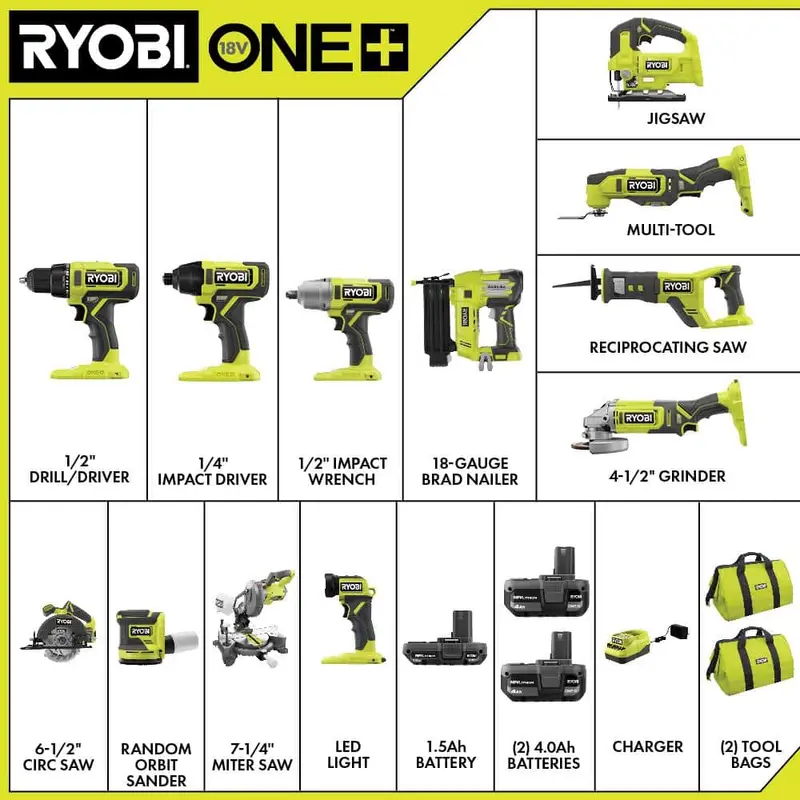 Zestaw narzędzi RYOBI ONE+ 18 V, 12 elementów, z (1) akumulatorem 1,5 Ah i (2) akumulatorami 4,0 Ah oraz ładowarką PCL2200K3N