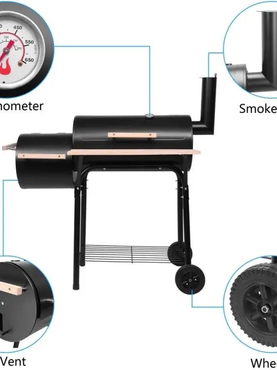Solidny grill węglowy i wędzarnia zewnętrzna z termometrem i kółkami, idealny na kemping i do ogrodu – podwójna konstrukcja szklarni