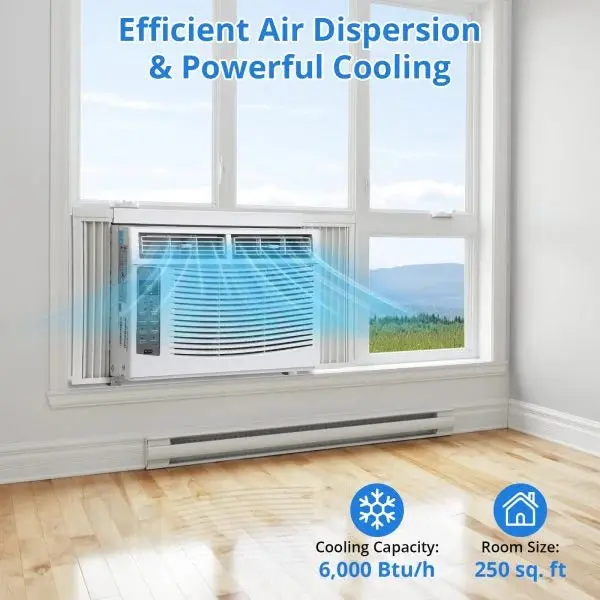 Kompaktowa klimatyzacja okienna o mocy 6000 BTU – 115 V~, zmywalny filtr, idealna do małych pomieszczeń (≤ 23 m²)