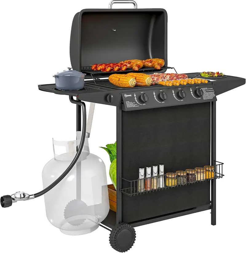 Grill gazowy z 4+1 palnikami – przenośny grill gazowy z bocznym palnikiem, wbudowanym termometrem, składanym stolikiem bocznym, półką na przyprawy, tacką ociekową na tłuszcz i kółkami.