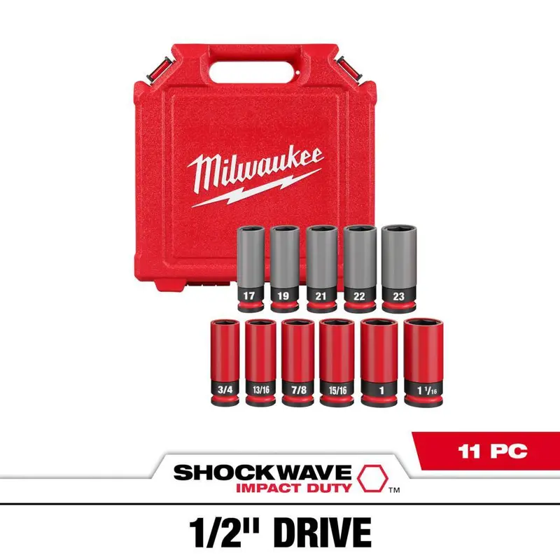 Zestaw 11 nasadek głębokich SHOCKWAVE Impact-Duty (SAE/metryczne) z napędem 1/2 cala do nakrętek kół