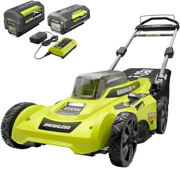 RYOBI 40 V 20-CALOWA BEZPRZEWODOWA KOSIARKA BEZSZCZOTKOWA – DWA AKUMULATORY 6,0 Ah + ŁADOWARKA W ZESTAWIE