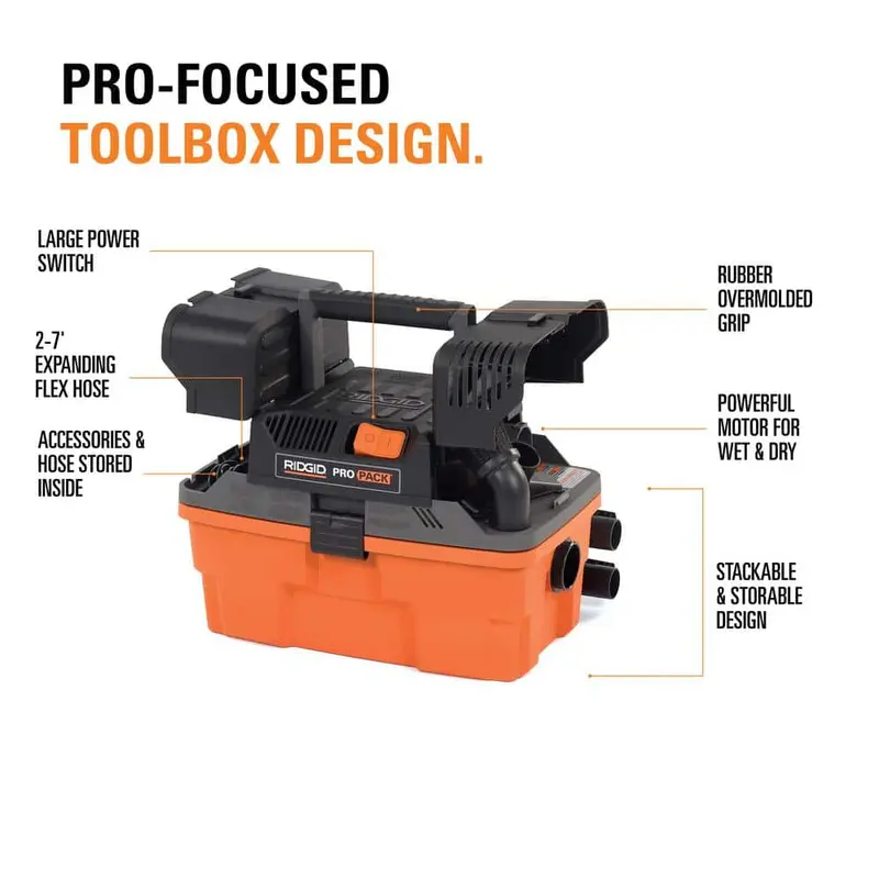 Odkurzacz RIDGID ProPack o pojemności 4,5 galona i maksymalnej pojemności 5,0 l z filtrem przeciwpyłowym, blokowanym, rozciągliwym wężem i akcesoriami WD4522