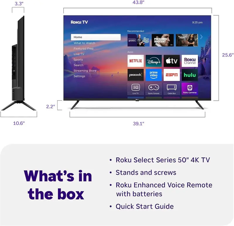 Telewizor Smart TV Roku Select Series 50 cali 4K HDR – wbudowany streaming, sterowanie głosowe, dźwięk Dolby