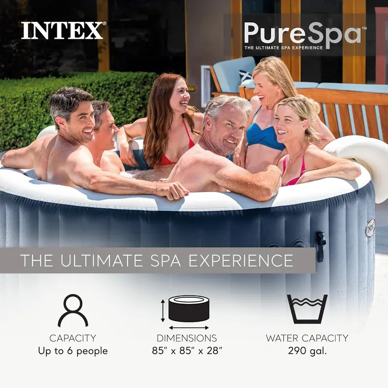 Nadmuchiwane jacuzzi Intex PureSpa Plus dla 6 osób — energooszczędna wanna z hydromasażem i izolowaną pokrywą