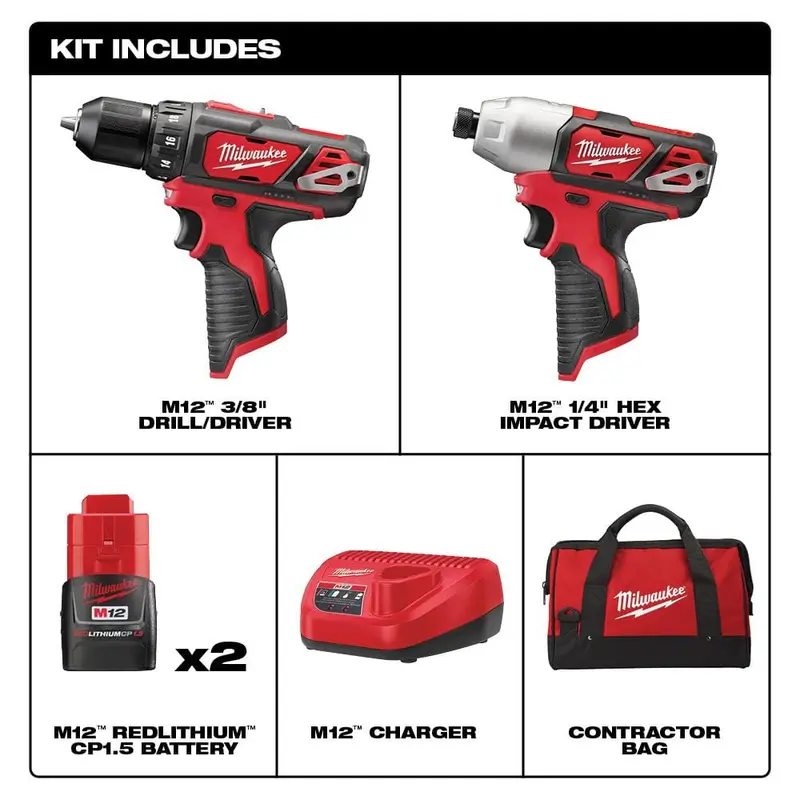Zestaw wiertarko-wkrętarki/wkrętarki akumulatorowej i klucza udarowego Milwaukee M12 12 V litowo-jonowej z dwoma akumulatorami 1,5 Ah, ładowarką i torbą narzędziową (2 narzędzia) 2494-22