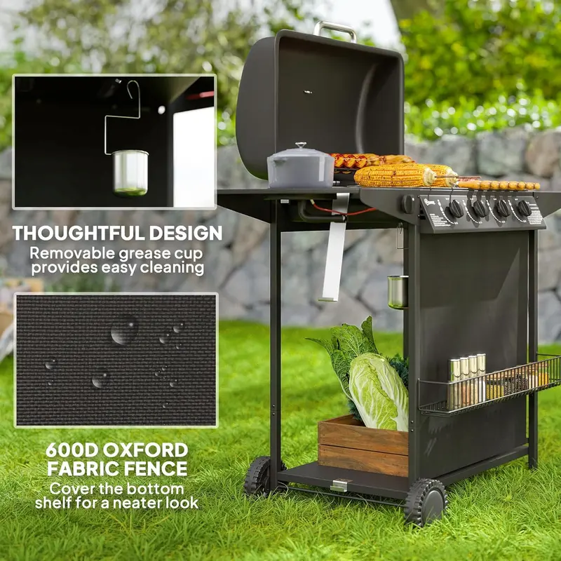 Grill gazowy z 4+1 palnikami – przenośny grill gazowy z bocznym palnikiem, wbudowanym termometrem, składanym stolikiem bocznym, półką na przyprawy, tacką ociekową na tłuszcz i kółkami.