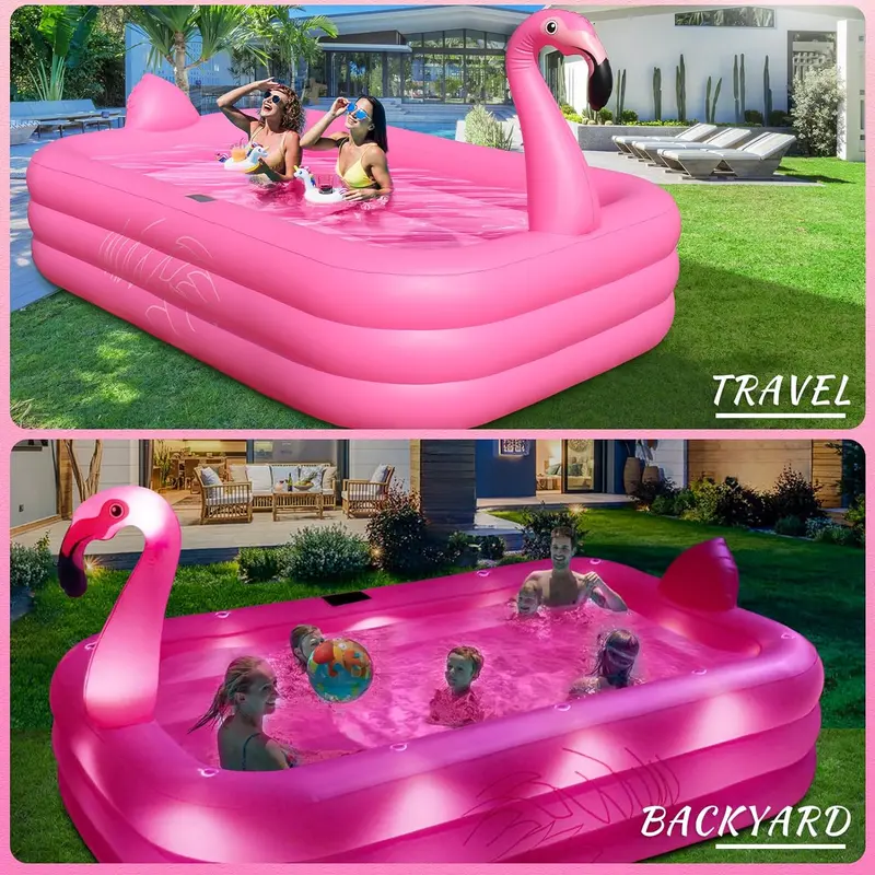 Nadmuchiwany basen flamingowy zasilany energią słoneczną z oświetleniem LED – 264 x 165 x 63,5 cm, ekologiczny basen zewnętrzny dla dzieci i dorosłych