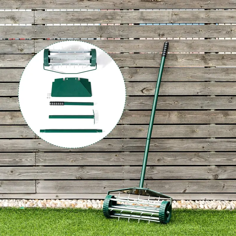 18-calowy obrotowy aerator trawnika – narzędzie pchane z kolcem, 40,5-calowym uchwytem i błotnikiem