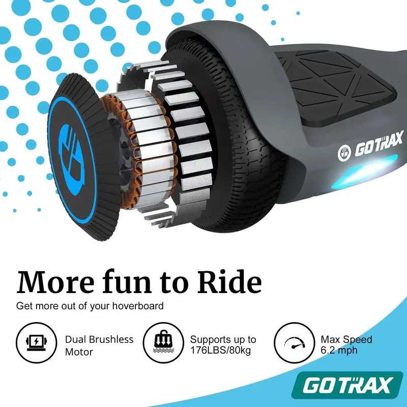 Gotrax EDGE Hoverboard, koła LED 16,5 cm, dwa silniki, certyfikat UL2272, 10 km/h, samobalansujący, czarny