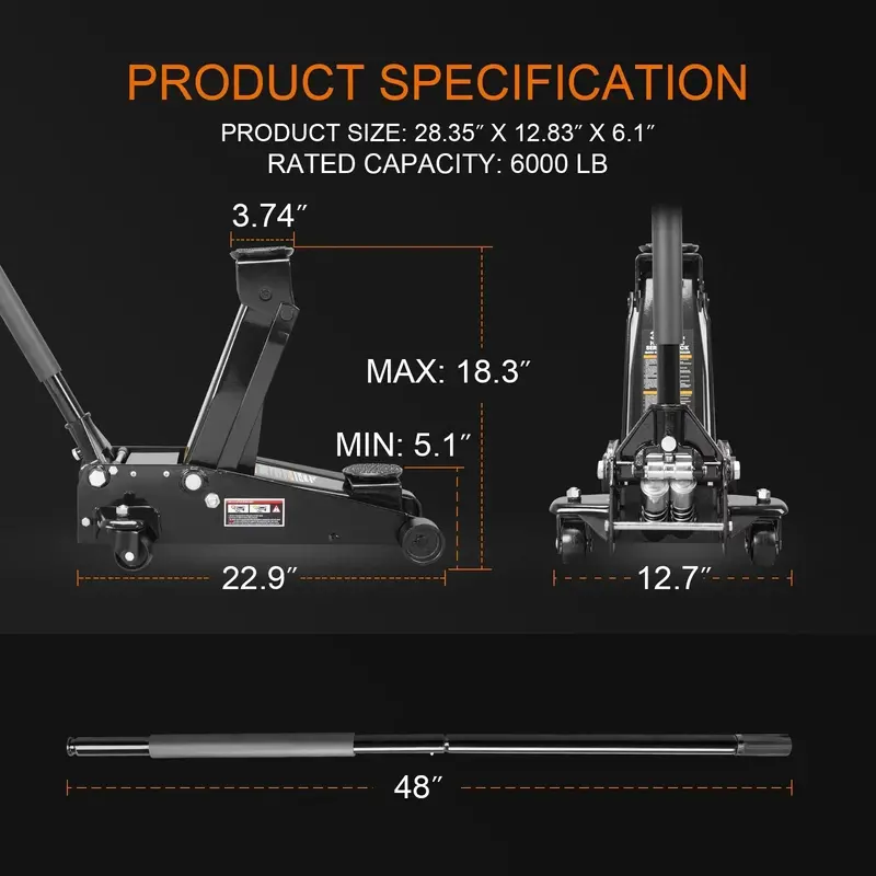 Podnośnik hydrauliczny o udźwigu 3 ton, wytrzymały – podwójna pompa szybkiego podnoszenia, wykończenie w kolorze czarnym, model W8303-B