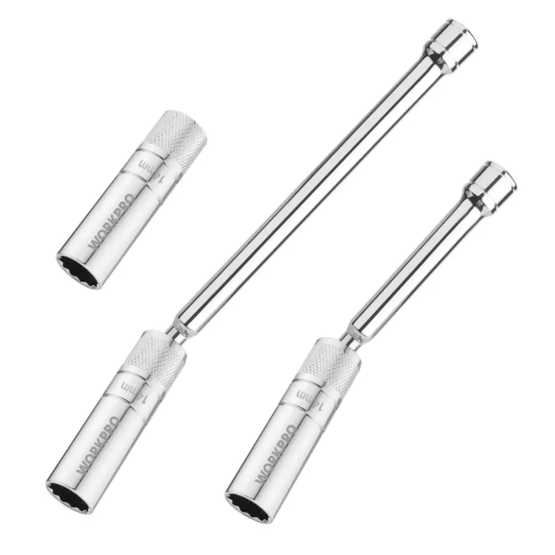 Zestaw kluczy obrotowych magnetycznych do świec zapłonowych WORKPRO – zestaw 3-częściowy z nasadkami cienkościennymi 14 mm + przedłużki 15 cm i 25 cm