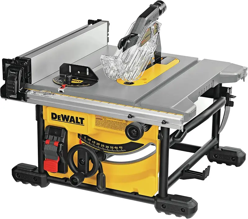 Kompaktowa piła stołowa DEWALT DWE7485 do pracy na placu budowy, precyzyjny system cięcia z tarczą 8-1/4 cala.