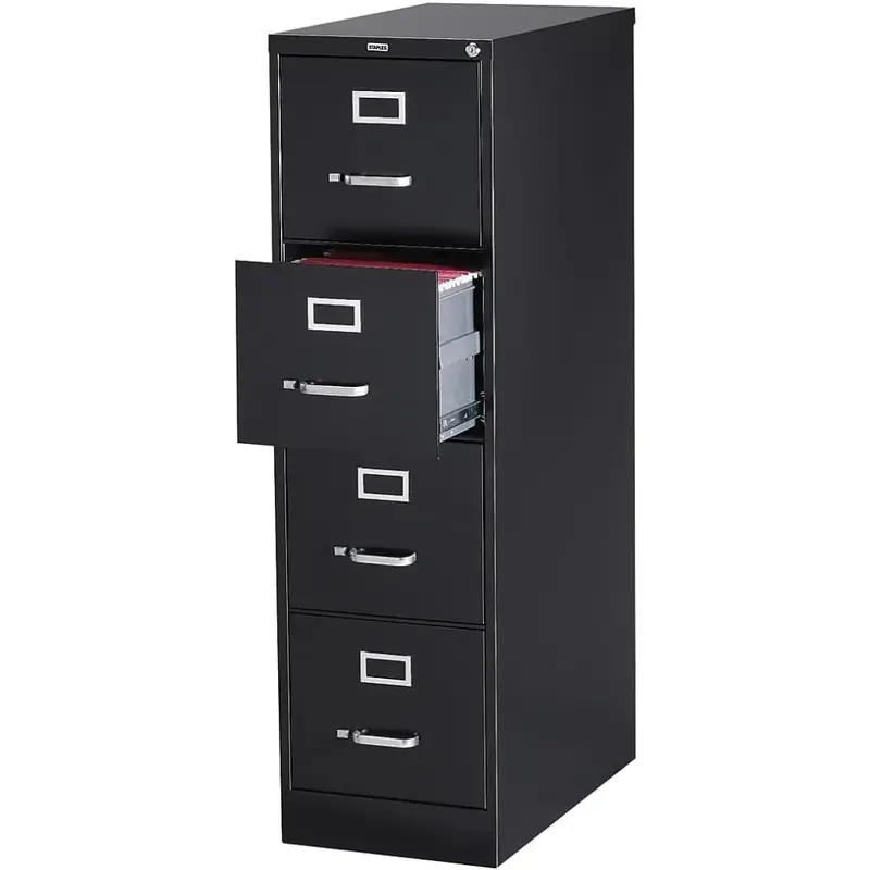 Szafka na dokumenty STAPLES z 4 szufladami i zamkiem, czarna, kompaktowa konstrukcja, głębokość 63,5 cm