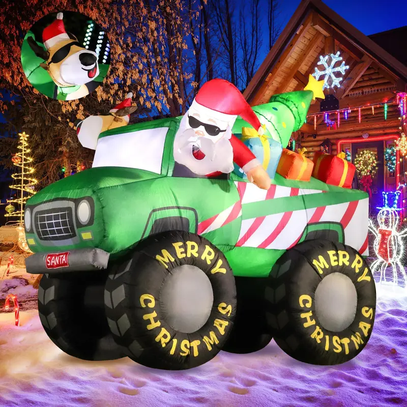 DomKom 8FT nadmuchiwany świąteczny Monster Truck z Mikołajem, reniferami i światłami LED – dekoracja ogrodu na święta