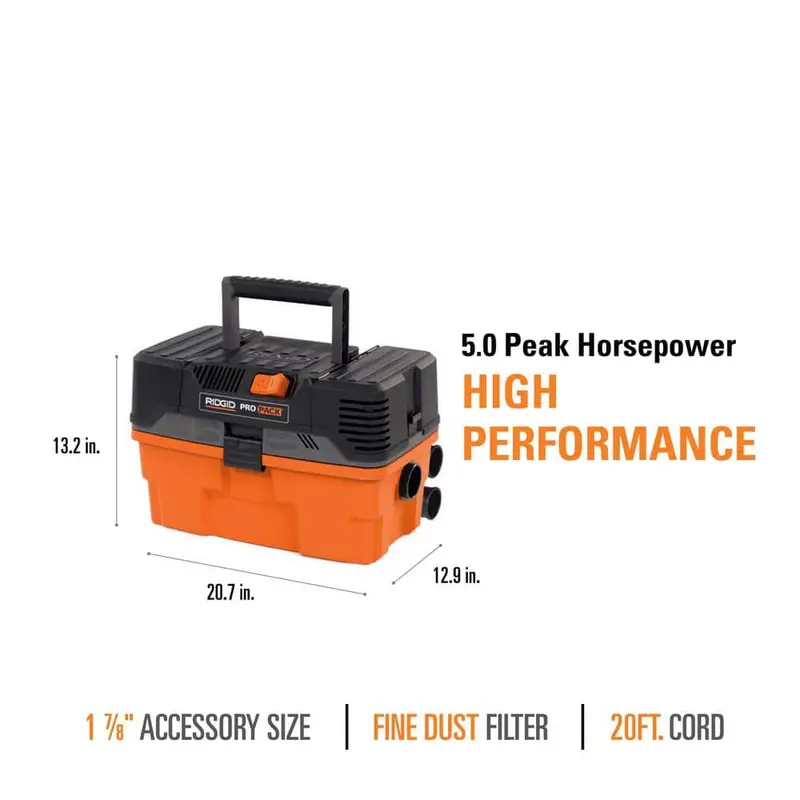 Odkurzacz RIDGID ProPack o pojemności 4,5 galona i maksymalnej pojemności 5,0 l z filtrem przeciwpyłowym, blokowanym, rozciągliwym wężem i akcesoriami WD4522