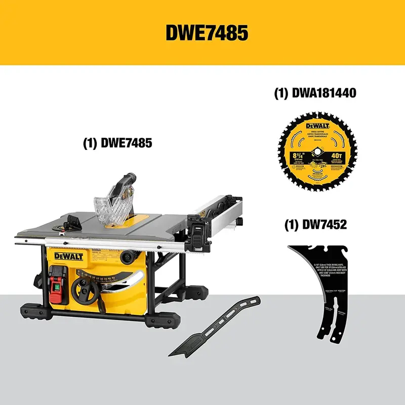 Kompaktowa piła stołowa DEWALT DWE7485 do pracy na placu budowy, precyzyjny system cięcia z tarczą 8-1/4 cala.