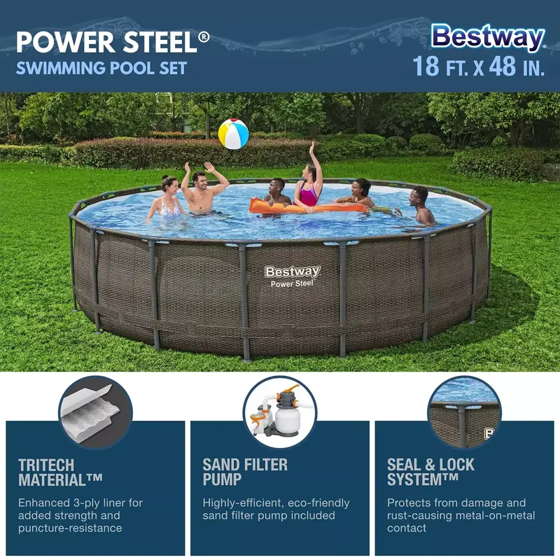 Okrągły basen naziemny Bestway Power Steel o średnicy 5,5 metra (18 stóp) i głębokości 122 cm (48 cali), w tym pompa filtrująca i drabinka.
