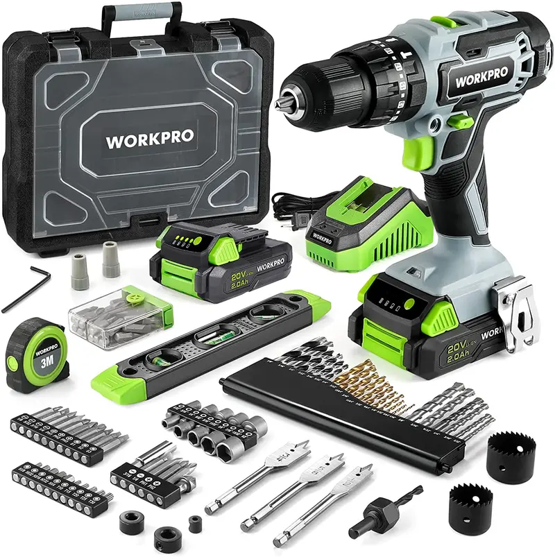 Wiertarko-wkrętarka akumulatorowa WORKPRO 20 V z zestawem akcesoriów składającym się ze 102 elementów, dwoma akumulatorami 2,0 Ah i szybką ładowarką
