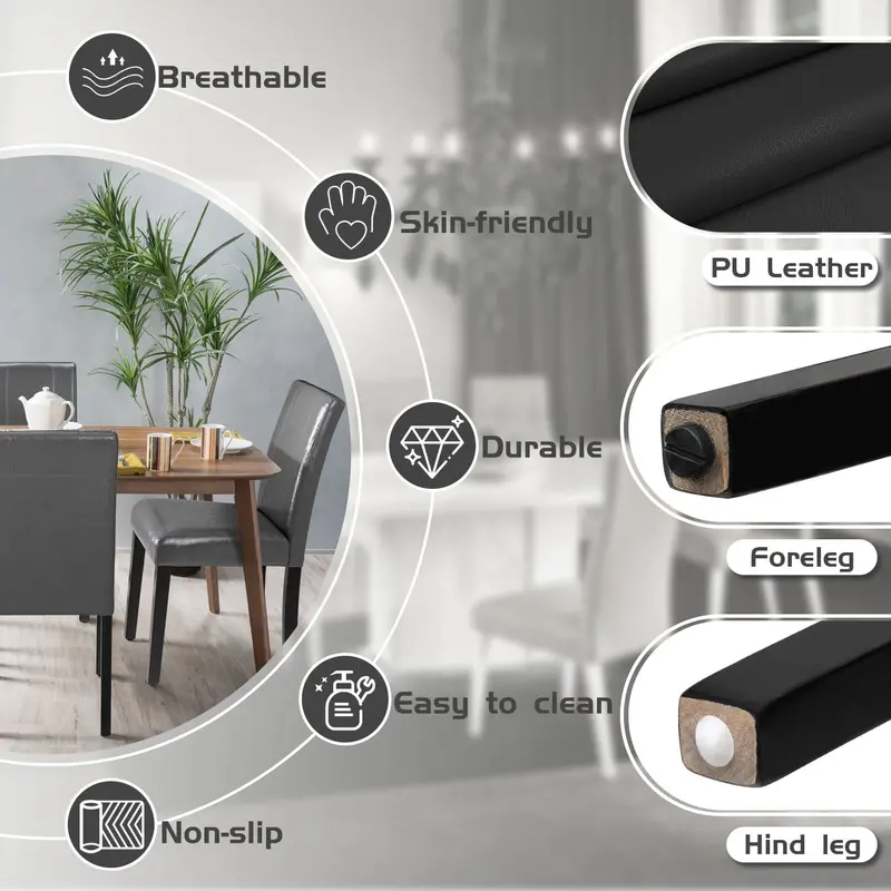 Zestaw Lacoo 4 krzeseł do jadalni ze skóry PU, styl miejski z nogami drewnianymi, kolor czarny