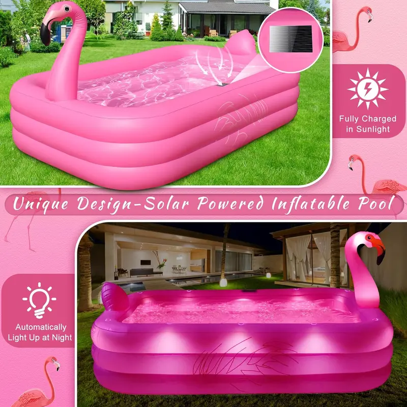 Nadmuchiwany basen flamingowy zasilany energią słoneczną z oświetleniem LED – 264 x 165 x 63,5 cm, ekologiczny basen zewnętrzny dla dzieci i dorosłych