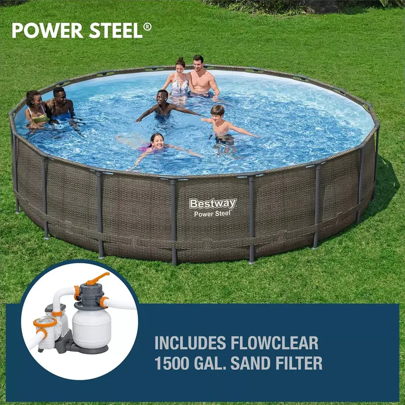 Okrągły basen naziemny Bestway Power Steel o średnicy 5,5 metra (18 stóp) i głębokości 122 cm (48 cali), w tym pompa filtrująca i drabinka.