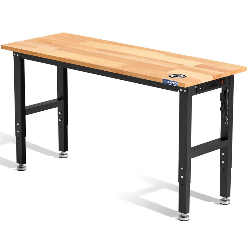 Regulowany stół warsztatowy WORKPRO 60″ x 24″ – nośność 1500 funtów, blat z twardego drewna, gniazdka elektryczne