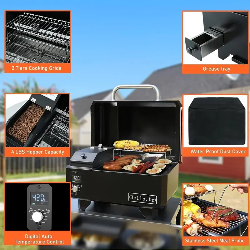 Przenośny elektryczny grill i wędzarnia na pellet – grill stołowy 8 w 1 do kamperów, na kemping i na imprezy z inteligentną kontrolą temperatury i technologią parową.