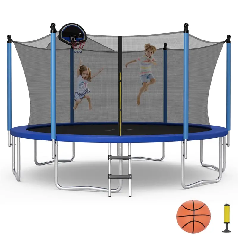 Trampolina z certyfikatem ASTM – modele o długości 3,6 m, 4,2 m lub 4,5 m z wbudowaną siatką zabezpieczającą i koszem do koszykówki.