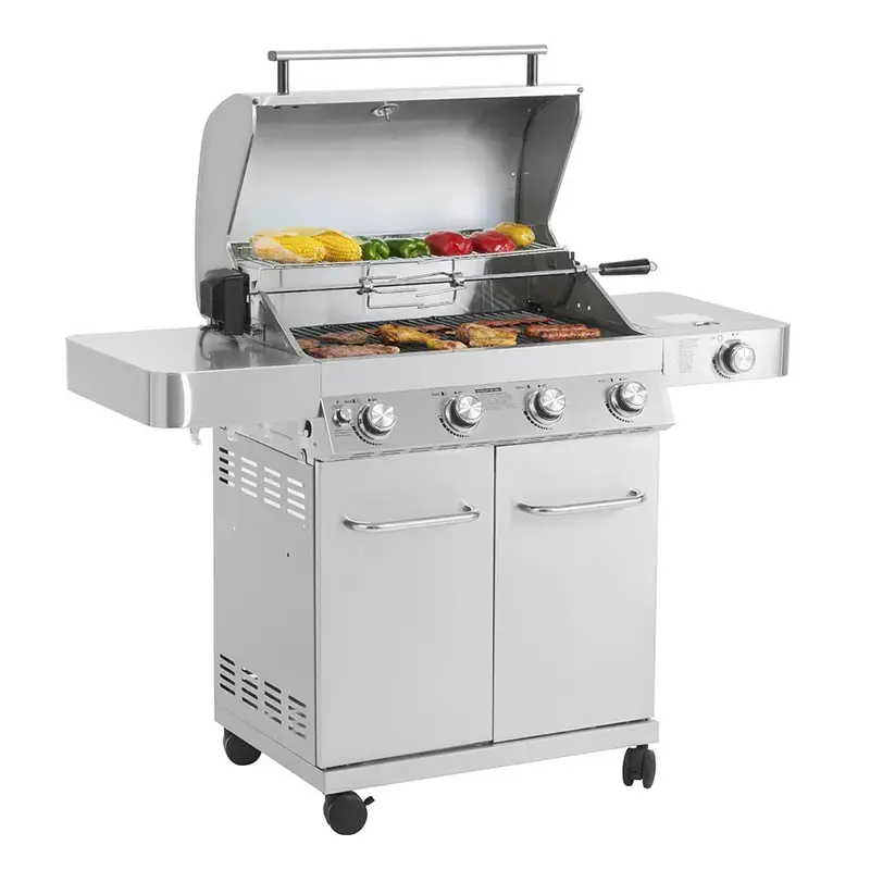 Grill gazowy Monument Grills 4-palnikowy na propan – stal nierdzewna, w zestawie zestaw rożna