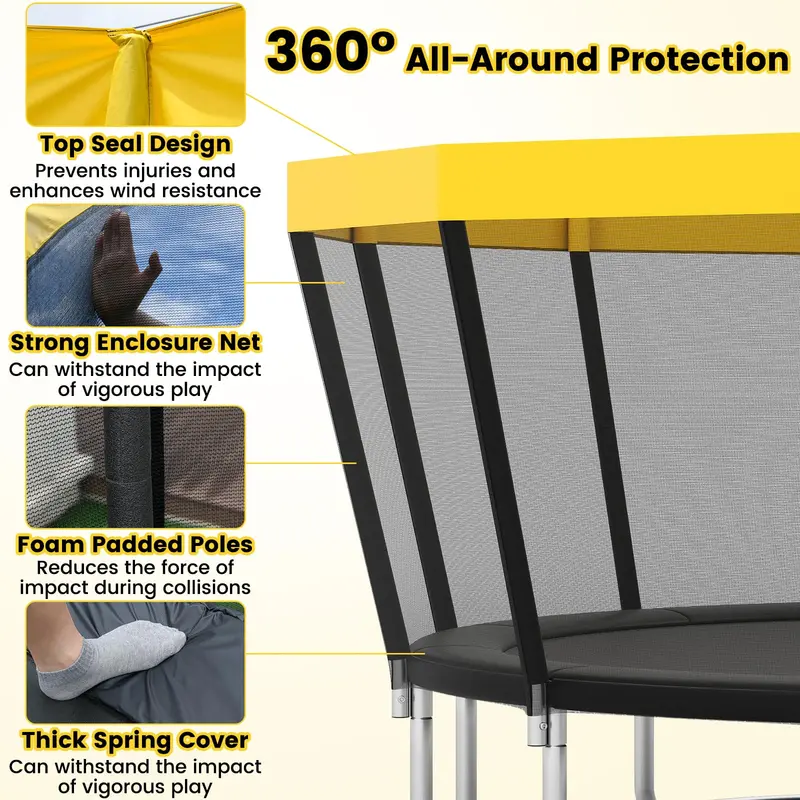 Trampolina o długości 4,8 metra, z certyfikatem ASTM, przeznaczona do użytku rekreacyjnego, wyposażona w siatkę zabezpieczającą, ramę odporną na rdzę i drabinkę zabezpieczającą.