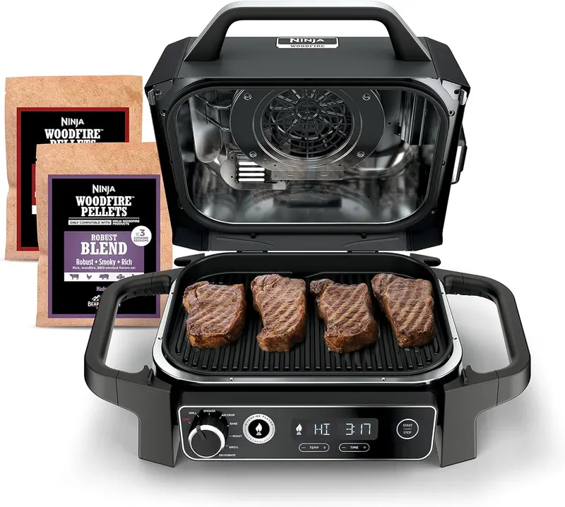 Elektryczny grill i wędzarnia zewnętrzna 7 w 1: frytkownica powietrzna, grill, piekarnik, patelnia do pieczenia, grillowanie + wbudowany termometr, przenośne szare urządzenie