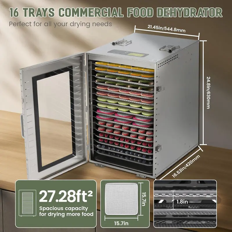 Komercyjna suszarka do żywności z 16 tackami, 1500 W, regulacja temperatury 70-90°F