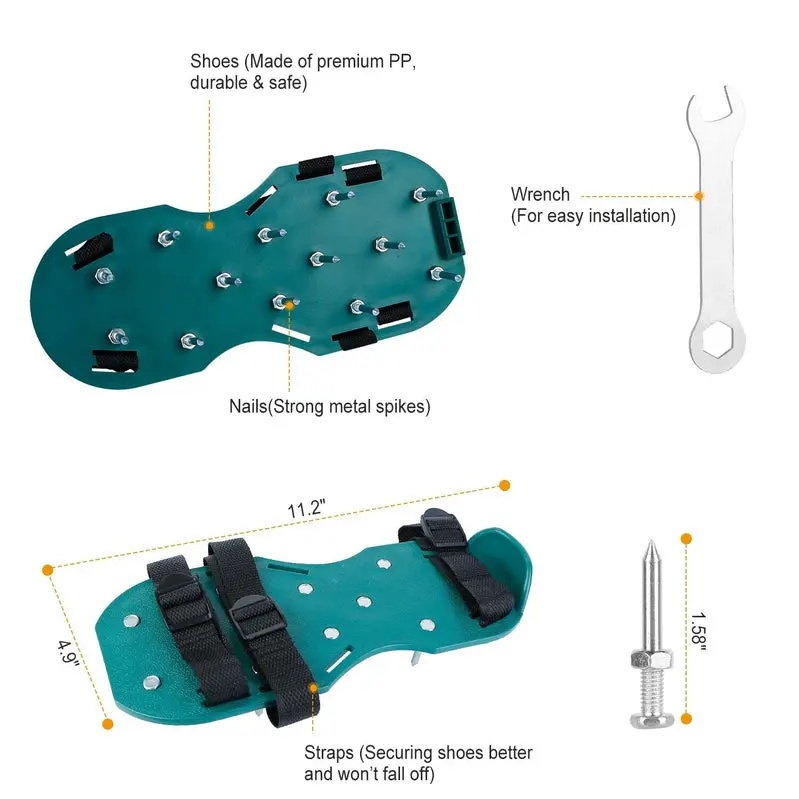 Kolczaste buty do napowietrzania trawnika – model na 2023 r., z nowymi, regulowanymi paskami.