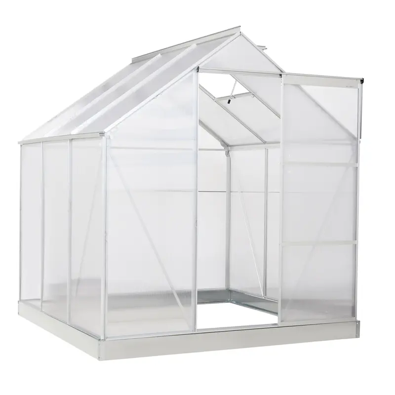 Szklarnia Outsunny 1,8 x 1,8 metra z poliwęglanu z aluminiową ramą, zestaw do szklarni z możliwością przechodzenia, regulowaną wentylacją dachu, rynną i zimowymi drzwiami przesuwnymi, kolor srebrny