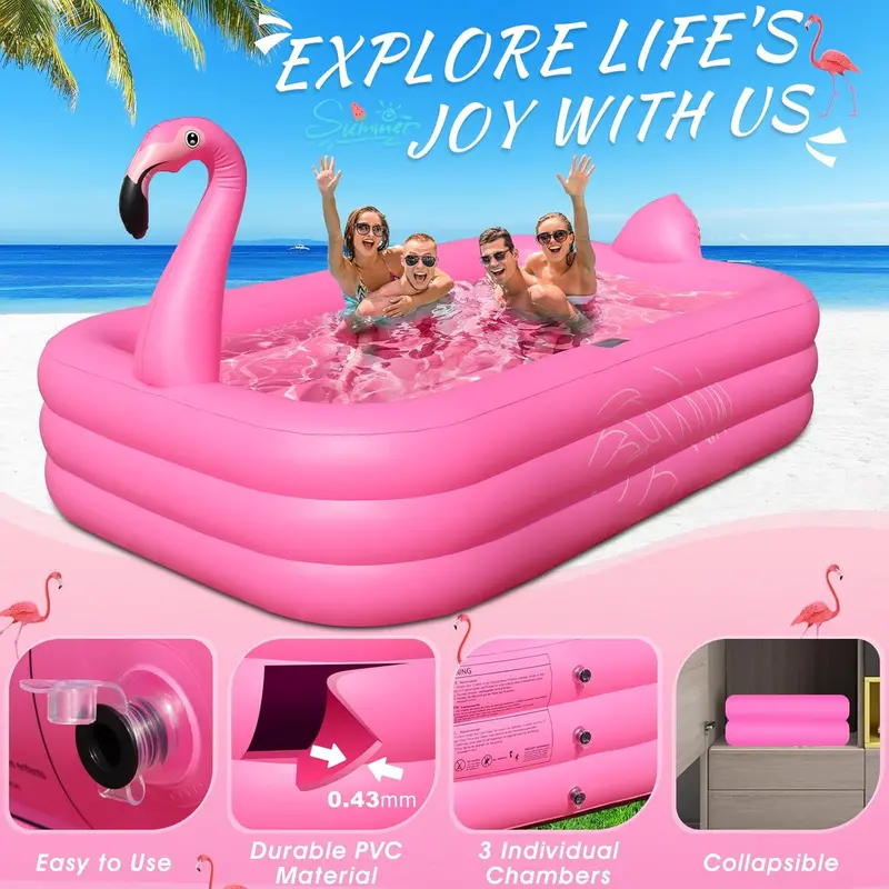 Nadmuchiwany basen flamingowy zasilany energią słoneczną z oświetleniem LED – 264 x 165 x 63,5 cm, ekologiczny basen zewnętrzny dla dzieci i dorosłych