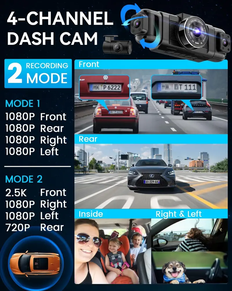 System wideorejestracji 360° z 4 kamerami – nagrywanie przodu, tyłu i boków w rozdzielczości 1080p, 8 lampami podczerwonymi, sterowanie za pomocą aplikacji 5G Wi-Fi i bezpłatna karta SD o pojemności 128 GB.