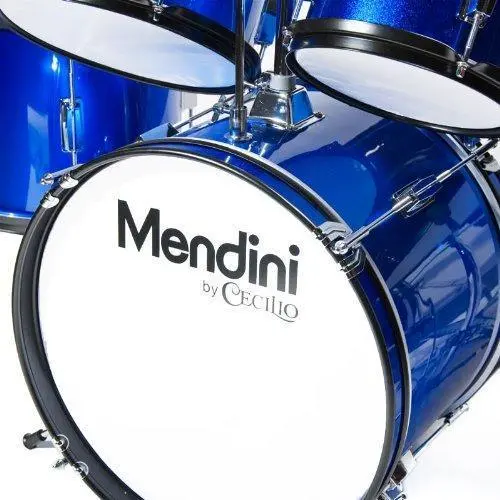 Zestaw perkusyjny dla dzieci Cecilio Mendini MJDS-5BL, 5 elementów – 16-calowy metaliczny niebieski zestaw startowy ze stołkiem, talerzem perkusyjnym, pedałem i pałeczkami