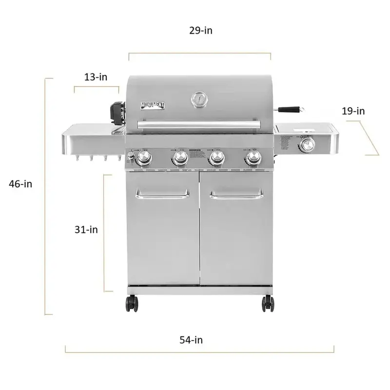 Grill gazowy Monument Grills 4-palnikowy na propan – stal nierdzewna, w zestawie zestaw rożna