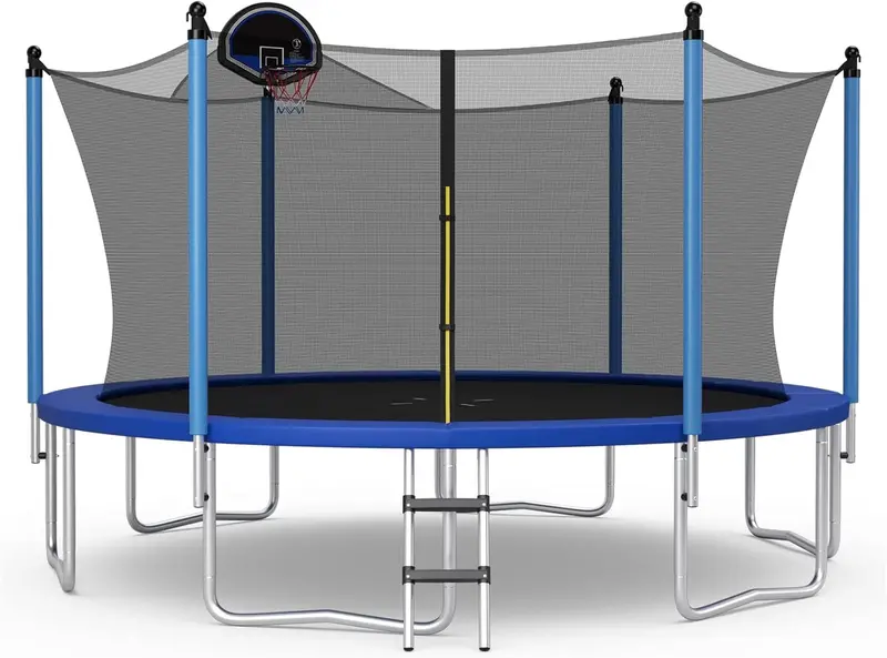 Trampolina z certyfikatem ASTM – modele o długości 3,6 m, 4,2 m lub 4,5 m z wbudowaną siatką zabezpieczającą i koszem do koszykówki.