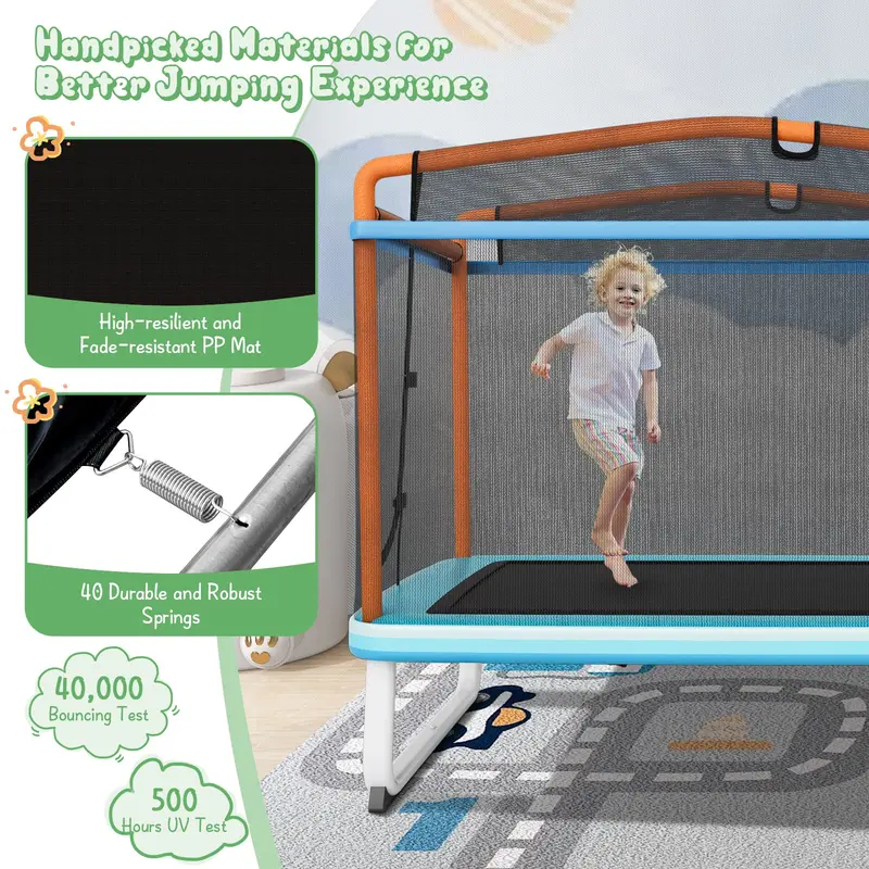 Trampolina 3 w 1 dla maluchów: dmuchany zamek, huśtawka i drążek do podciągania z siatką zabezpieczającą.