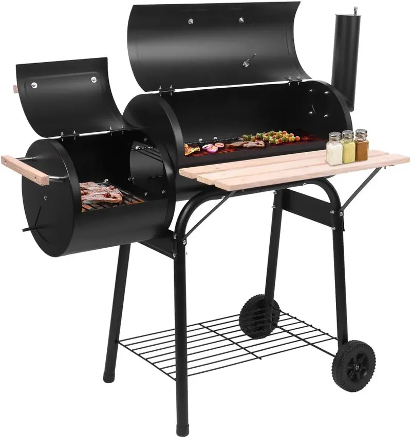 Solidny grill węglowy i wędzarnia zewnętrzna z termometrem i kółkami, idealny na kemping i do ogrodu – podwójna konstrukcja szklarni